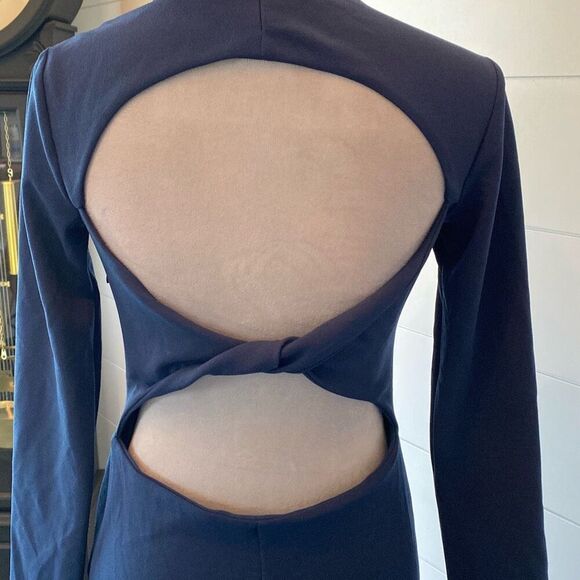 Zara New Midnight Blue Long Sleeves High Collard Open Twisted Back Dress Size S - Picture 6 of 8